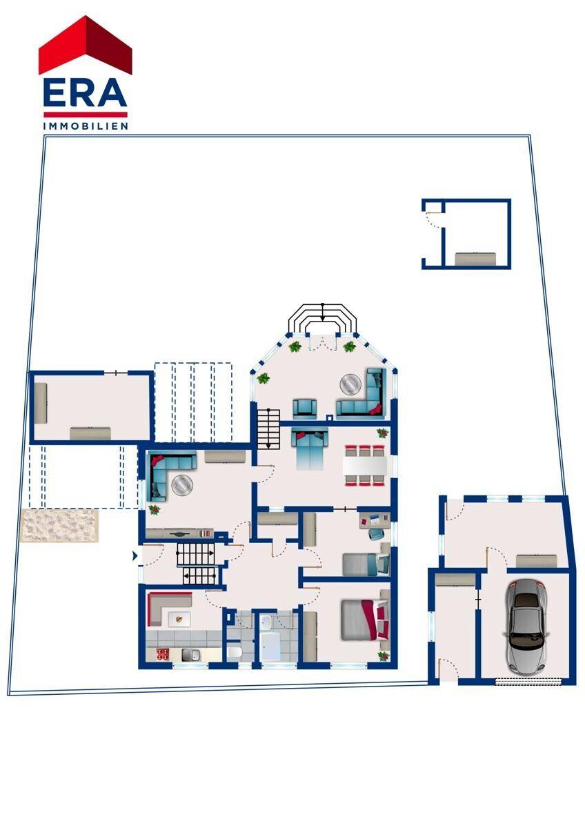 Detaillierter Grundriss des Hauses mit mehreren Ebenen und Außenbereichen.