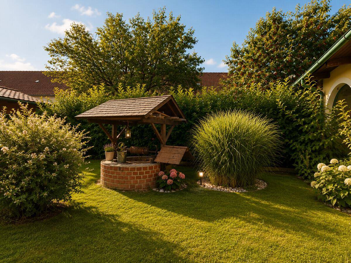 Gepflegter Garten mit Zierbrunnen, Rasenfläche und üppiger Bepflanzung.