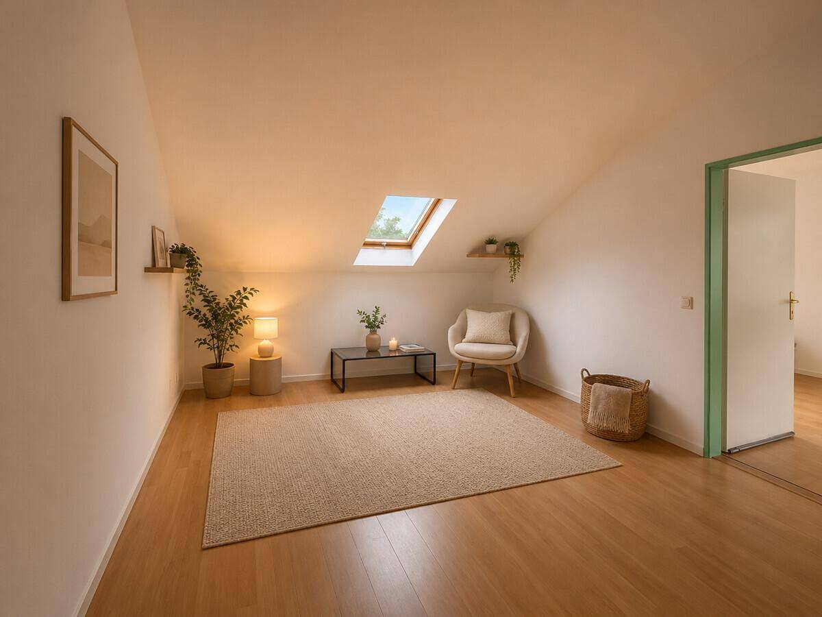 Gemütlicher Dachbodenraum mit Dachfenster, Holzboden und Sitzgelegenheit.