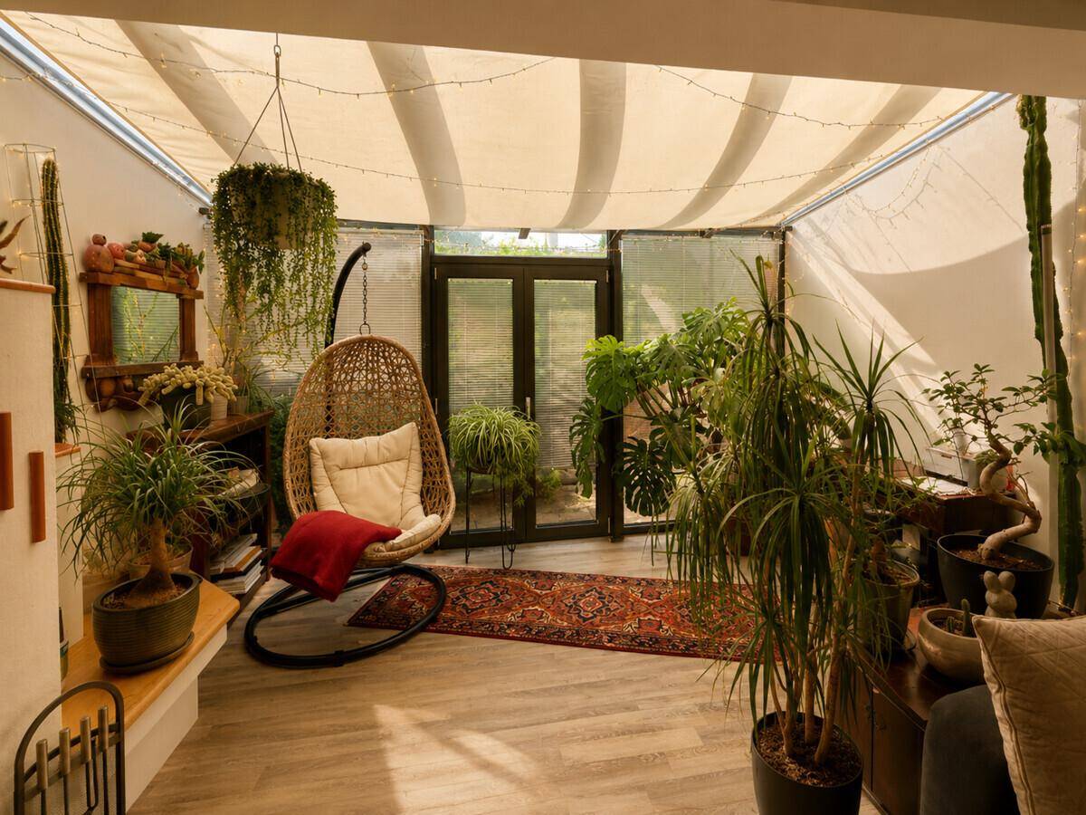 Heller Wintergarten mit vielen Pflanzen, einem Hängesessel und Zugang zum Außenbereich.