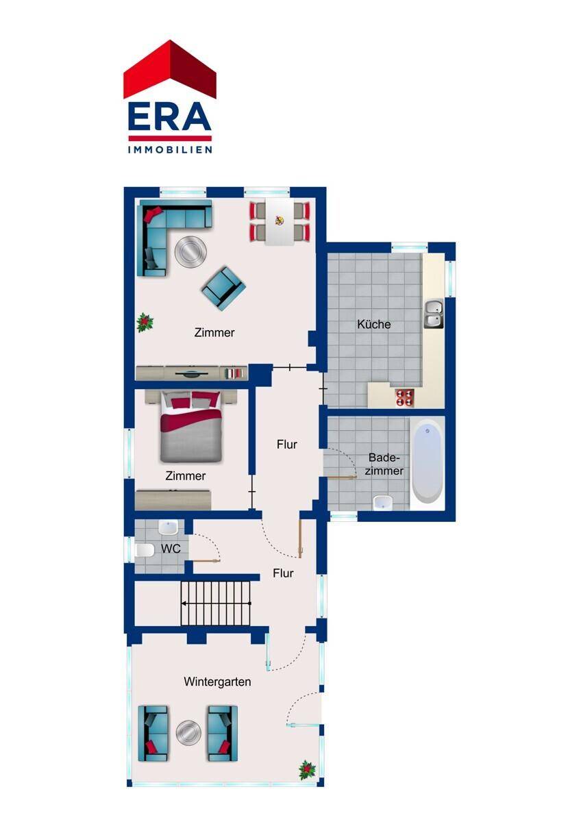 Grundriss des Erdgeschosses mit Wohnzimmer, Küche, Bad und Wintergarten.