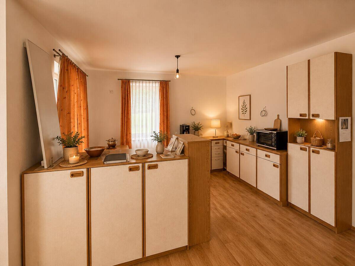 Gemütliche Küche mit Holz- und weißen Schränken, Mikrowelle und Vorhängen in warmen Farbtönen.
