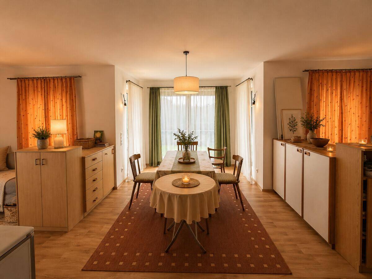 Geräumiger Wohn- und Essbereich mit Holzboden, großem Esstisch und warmen Vorhängen.