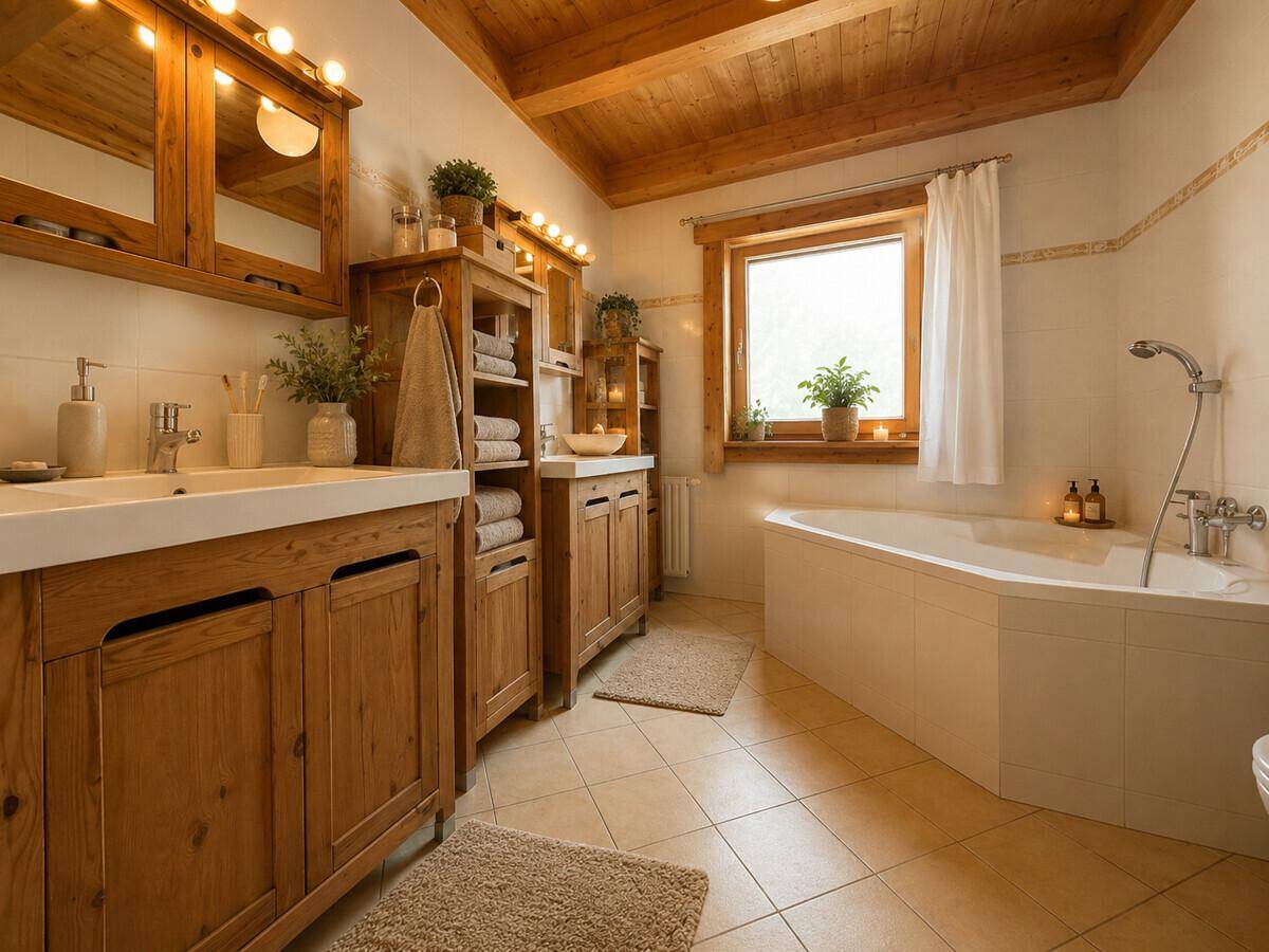 Rustikales Badezimmer mit zwei Waschbecken, Eckbadewanne und Holzmöbeln.