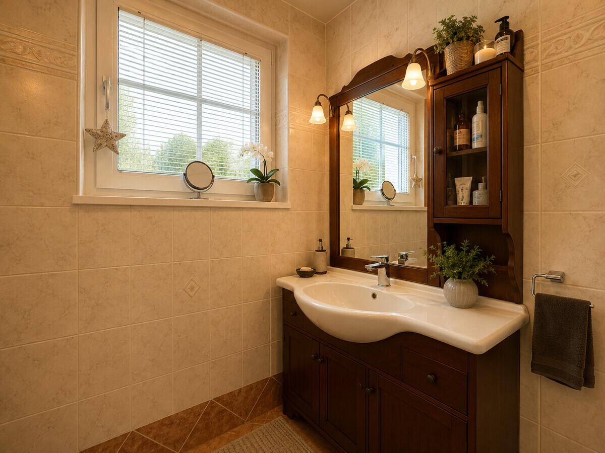 Badezimmer mit Waschtisch, Spiegelschrank und Fenster für Tageslicht.