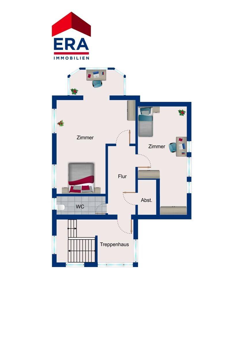 Grundriss des Obergeschosses mit zwei Schlafzimmern, Flur und WC.