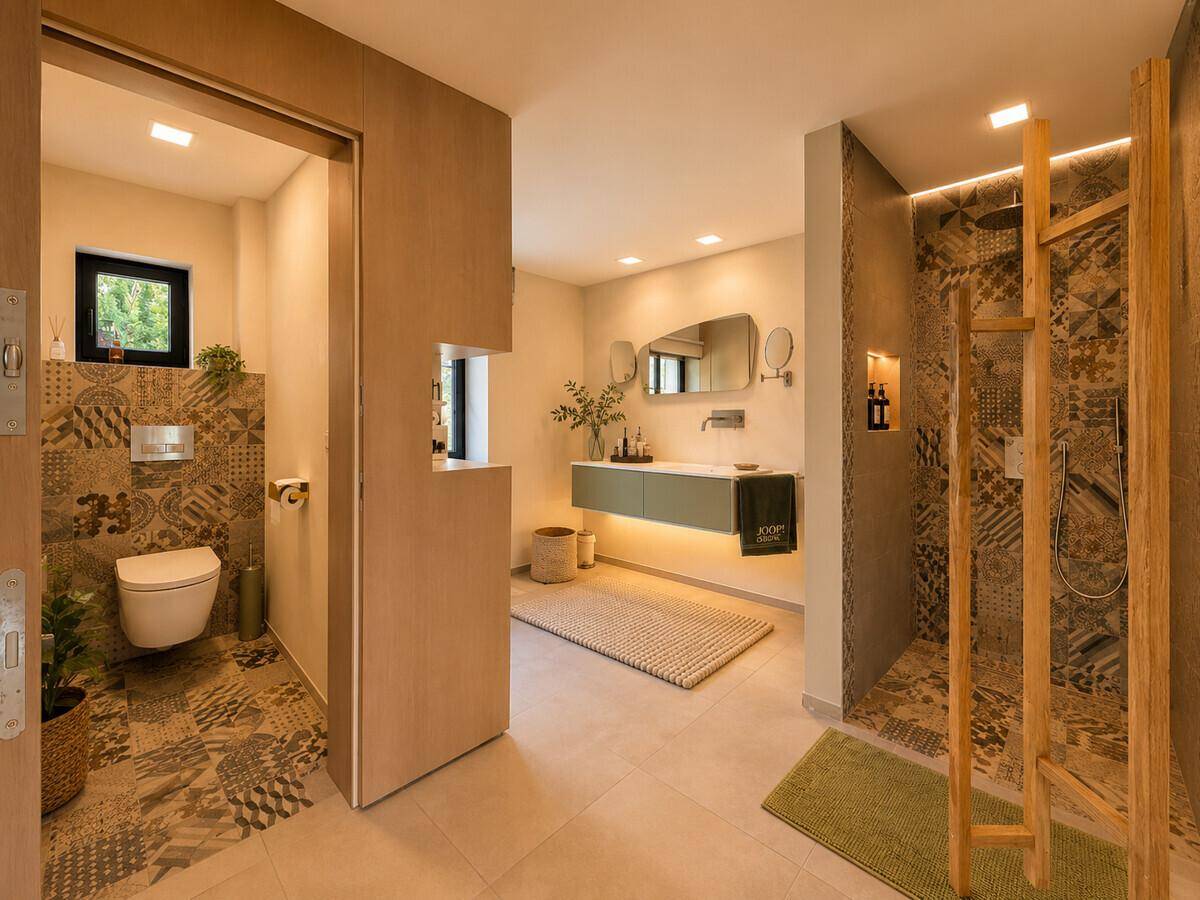 Modernes Badezimmer mit begehbarer Dusche, stilvollen Fliesen und schwebendem Waschtisch.
