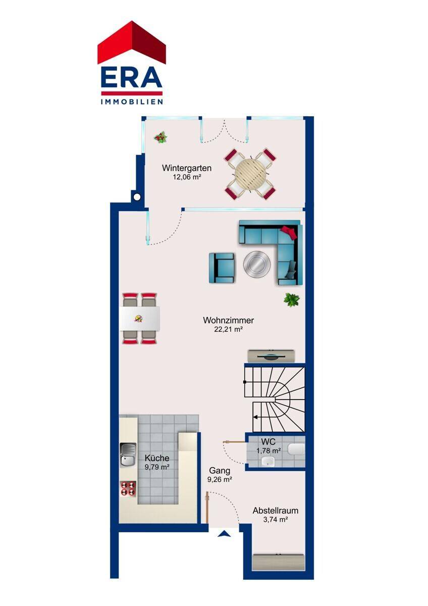 Grundriss des Erdgeschosses mit Küche, Wohnzimmer, Wintergarten, WC und Abstellraum.