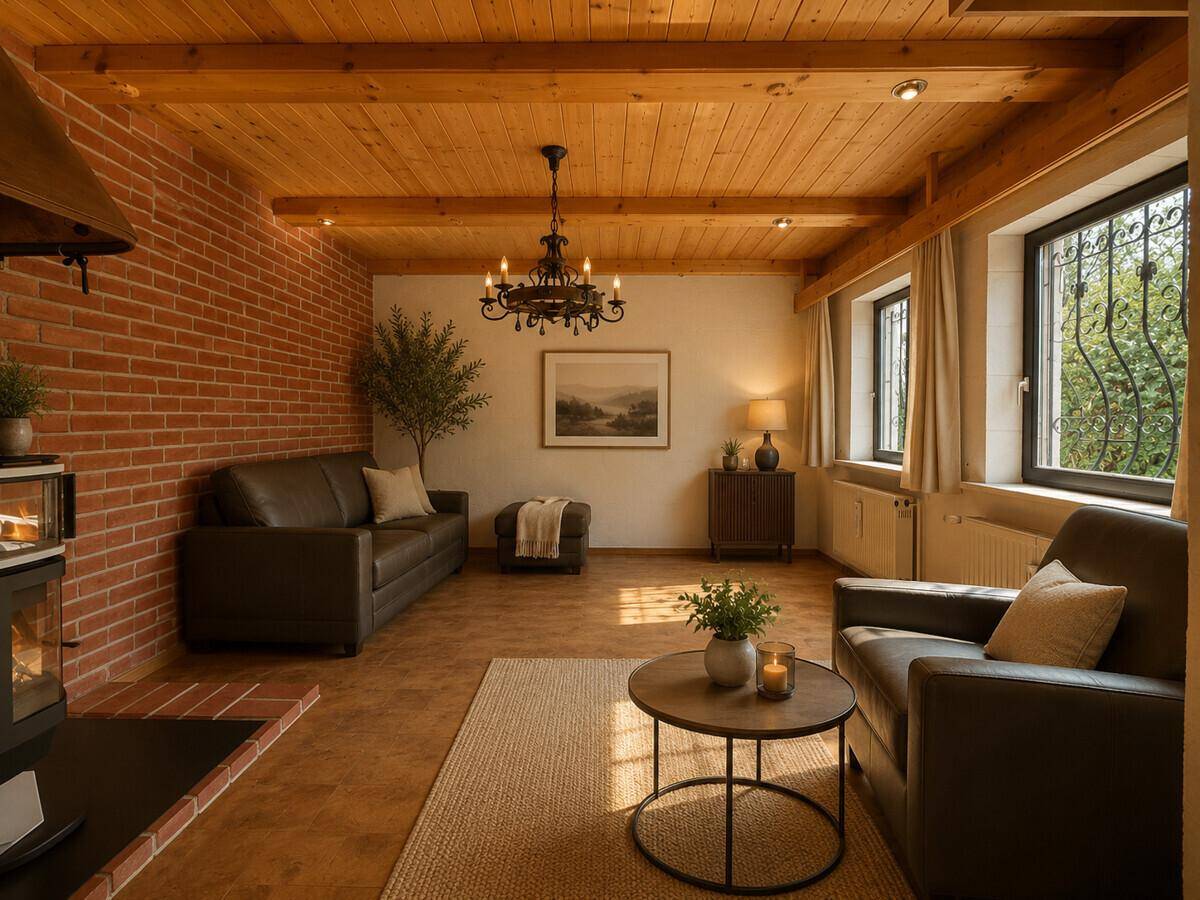 Geräumiges Wohnzimmer mit Holzbalkendecke, Ziegelwand und gemütlicher Sitzecke.