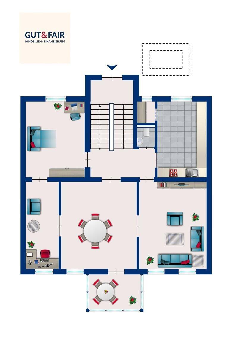 Übersichtlicher Grundriss mit separater Küche, Wohn- und Esszimmer, Bad, Gäste-WC und Terrasse.