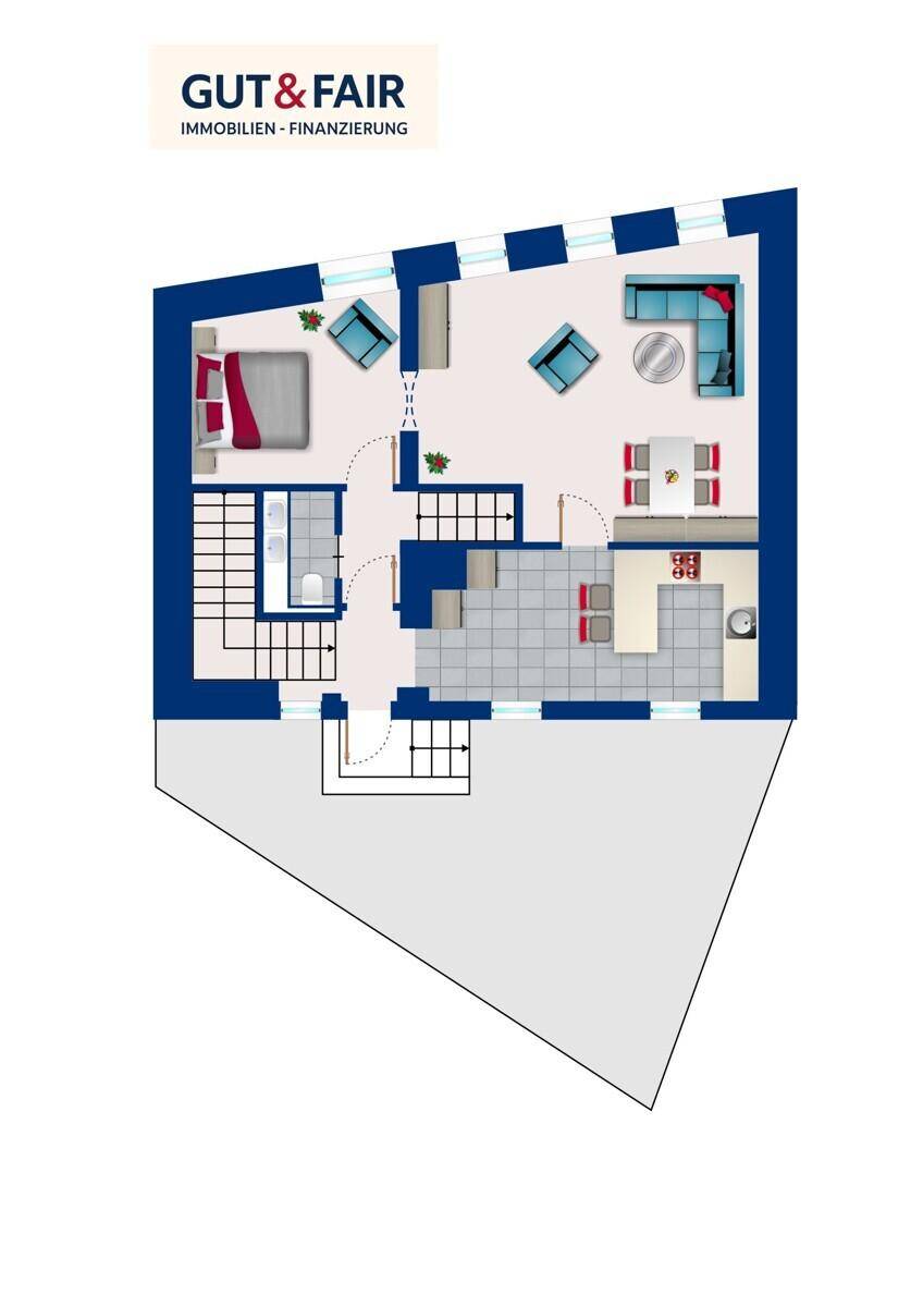 Grundriss einer Wohnungsebene mit Schlafzimmer, Wohnbereich und Küche.