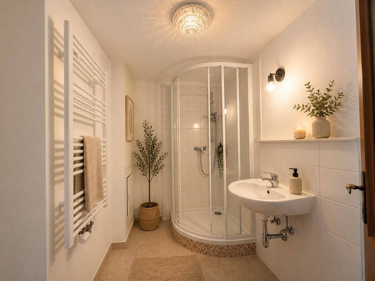 Helles Badezimmer mit Duschkabine, Waschbecken und beheiztem Handtuchhalter.