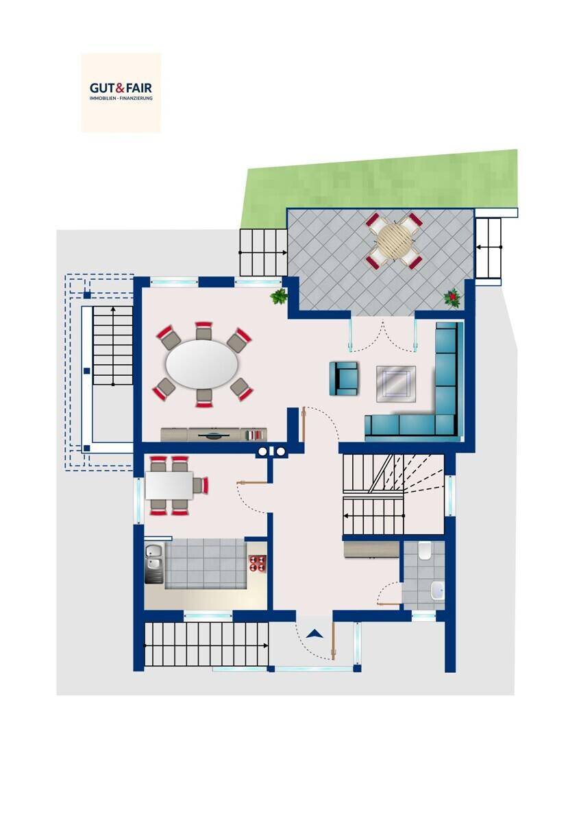 Grundriss des Erdgeschosses mit Wohnbereich, Esszimmer und Terrasse.