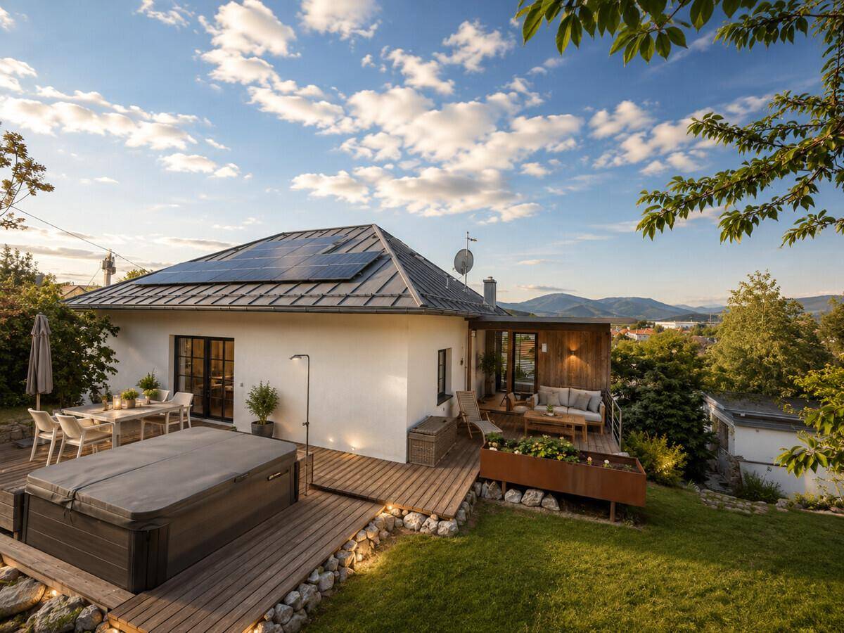 Moderne Villa mit großer Holzterrasse, Whirlpool, Solaranlage und Bergblick.
