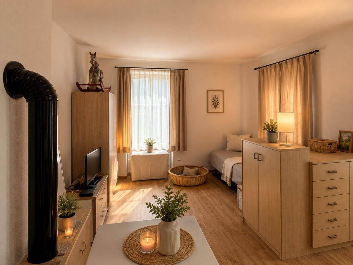 Gemütliches Schlafzimmer mit Holzboden, Einzelbett und Holzmöbeln, beleuchtet von natürlichem Licht.