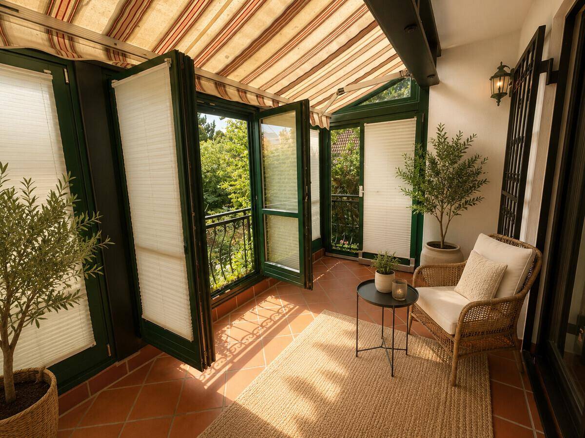 Überdachte Loggia mit Terracotta-Boden, Markise und gemütlicher Sitzgelegenheit.
