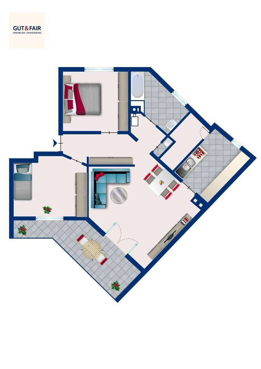Detaillierter Grundriss der Wohnung mit Raumaufteilung und Balkon.