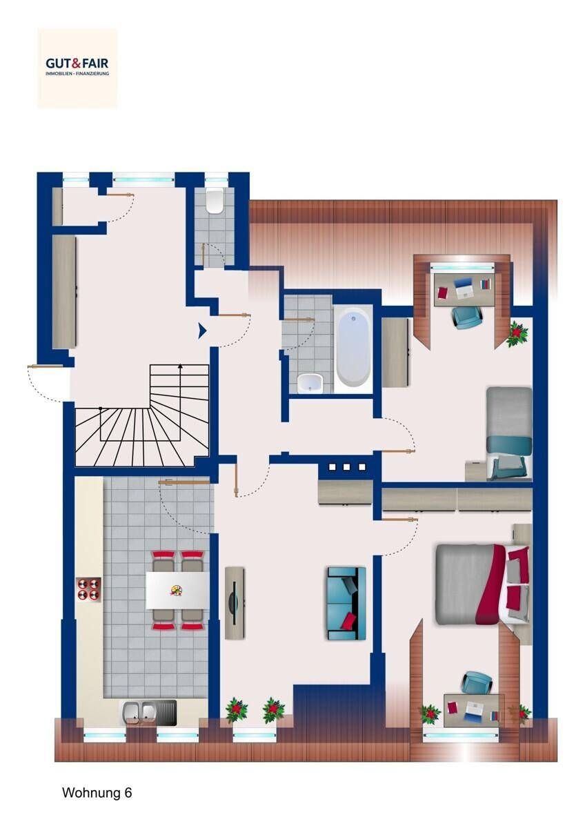 Grundriss der Wohnung 6 über zwei Ebenen mit Treppe, drei Schlafzimmern und zwei Bädern.