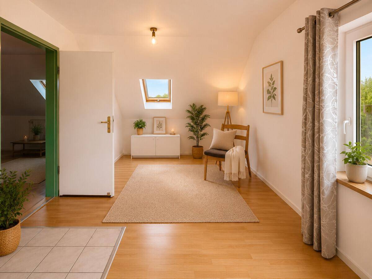 Heller Dachbodenraum mit Dachfenster, Holzboden und moderner Dekoration.