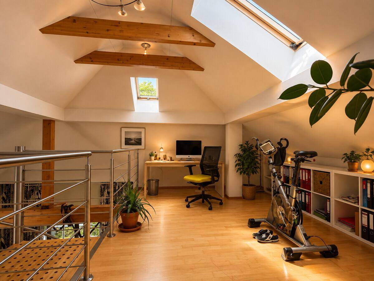 Heller Dachbodenbereich als Fitness- und Arbeitszimmer mit Dachfenstern und Holzboden.