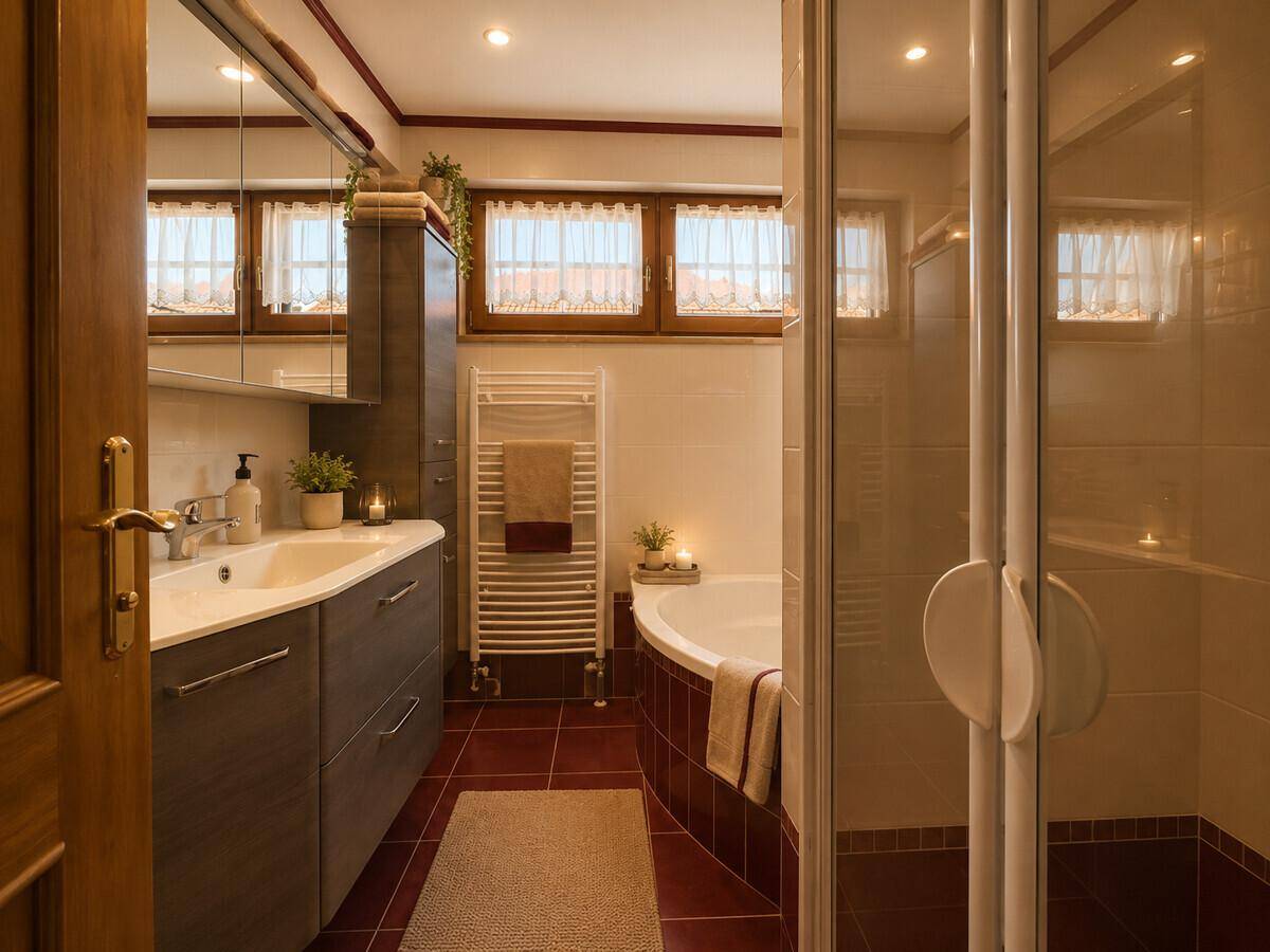 Helles Badezimmer mit Badewanne, Dusche, Einzelwaschbecken und beheiztem Handtuchhalter.