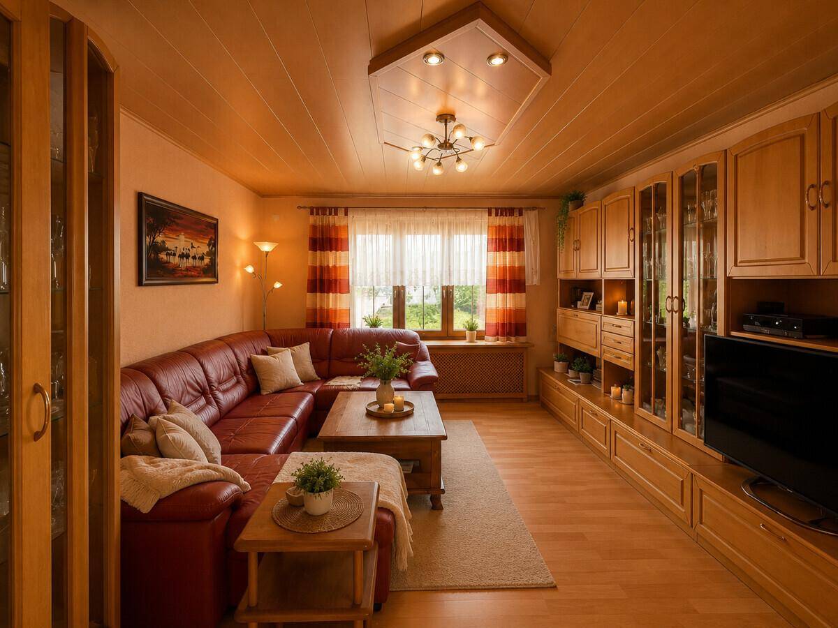 Gemütliches Wohnzimmer mit Holzdecke, rotem Ledersofa und großer Schrankwand.