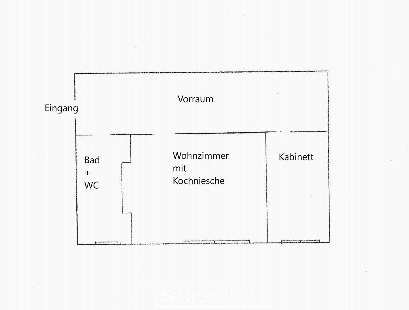 Einfacher Grundriss einer Wohnung mit Eingangsbereich, Bad, Wohnzimmer mit Kochnische und Kabinett.