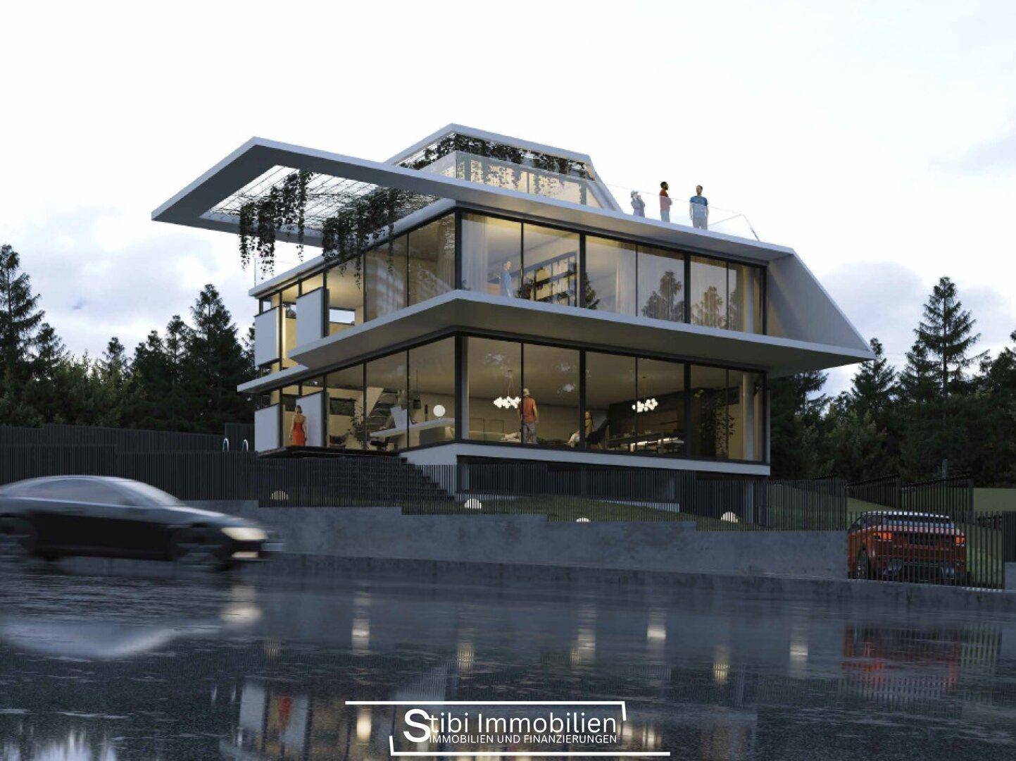 Elegante moderne Villa mit weitläufigen Glasfronten und klaren Linien, von der Straße aus gesehen.