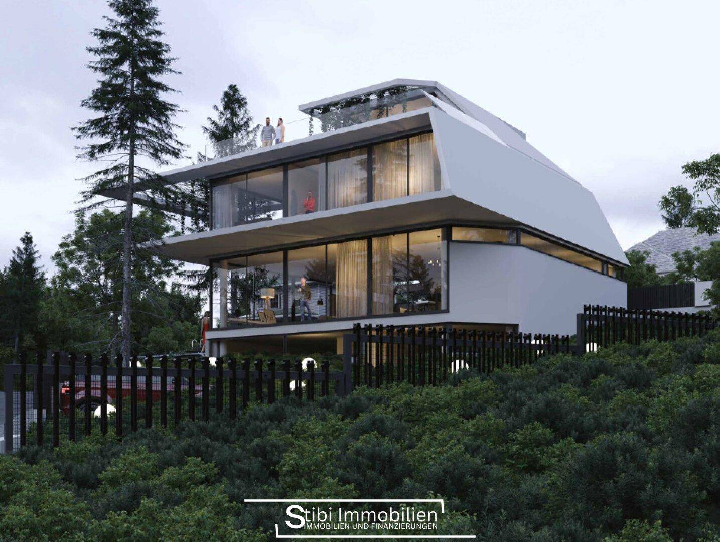 Zeitgenössische Villa mit großen Glasfassaden und einer Dachterrasse, umgeben von hohen Bäumen.