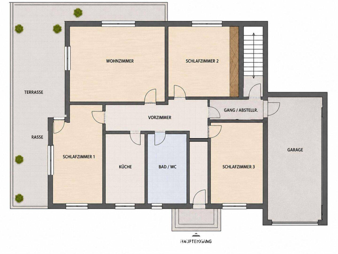 Grundriss des Erdgeschosses mit Wohnzimmer, Schlafzimmern, Küche und Garage.
