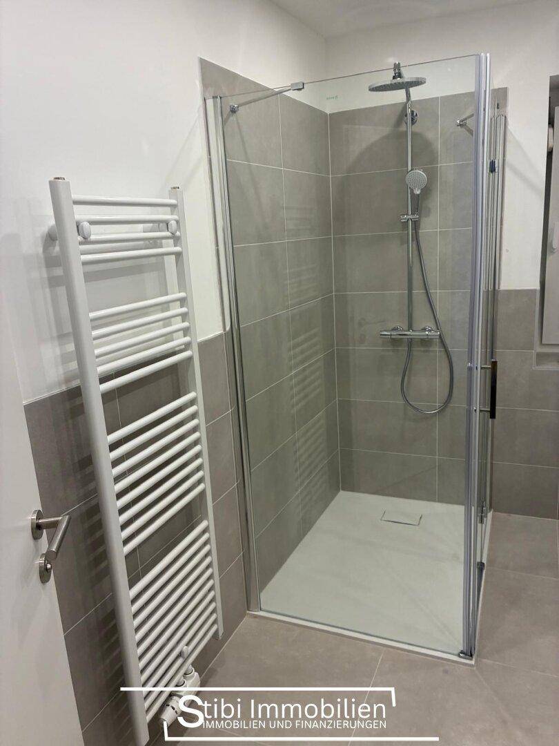 Modernes Badezimmer mit begehbarer Dusche, Glasabtrennung und praktischem Handtuchheizkörper.