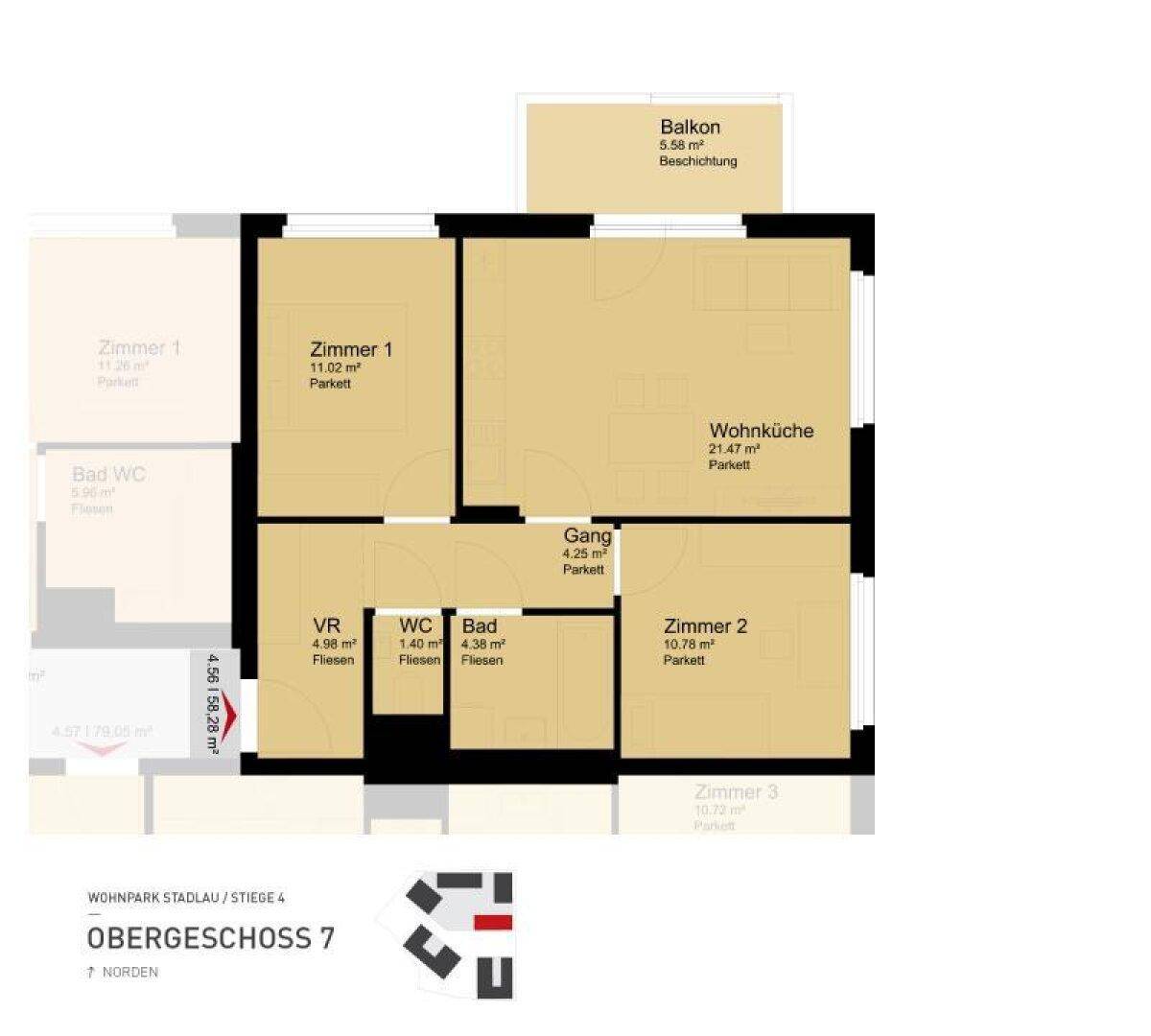 Grundriss der Wohnung mit drei Zimmern, Wohnküche und Balkon.