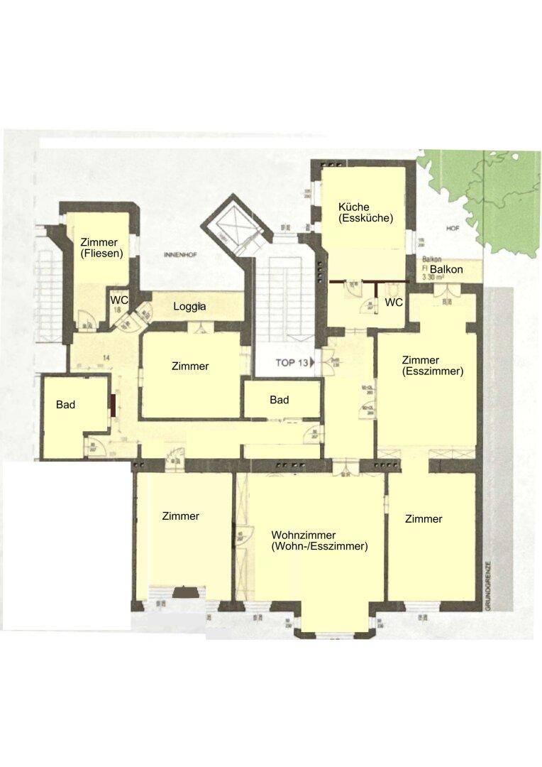 Grundriss einer Wohnung mit mehreren Zimmern, zwei Bädern, Loggia und Balkon.