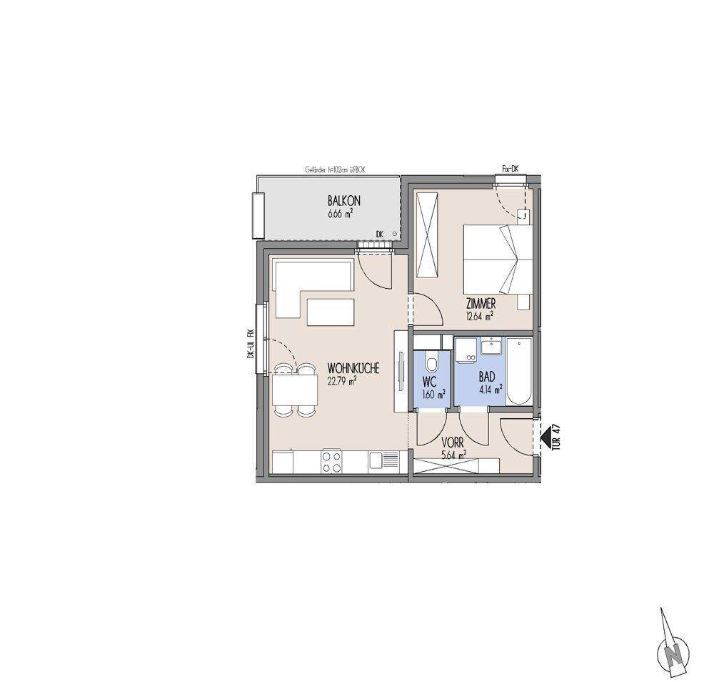 Grundriss einer Wohnung mit Wohnküche, Schlafzimmer, Bad und Balkon.