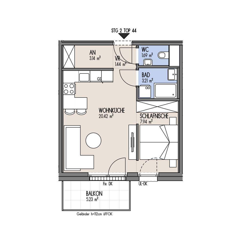 Grundriss einer Wohnung mit Wohnküche, Schlafbereich, Bad, WC und Balkon.