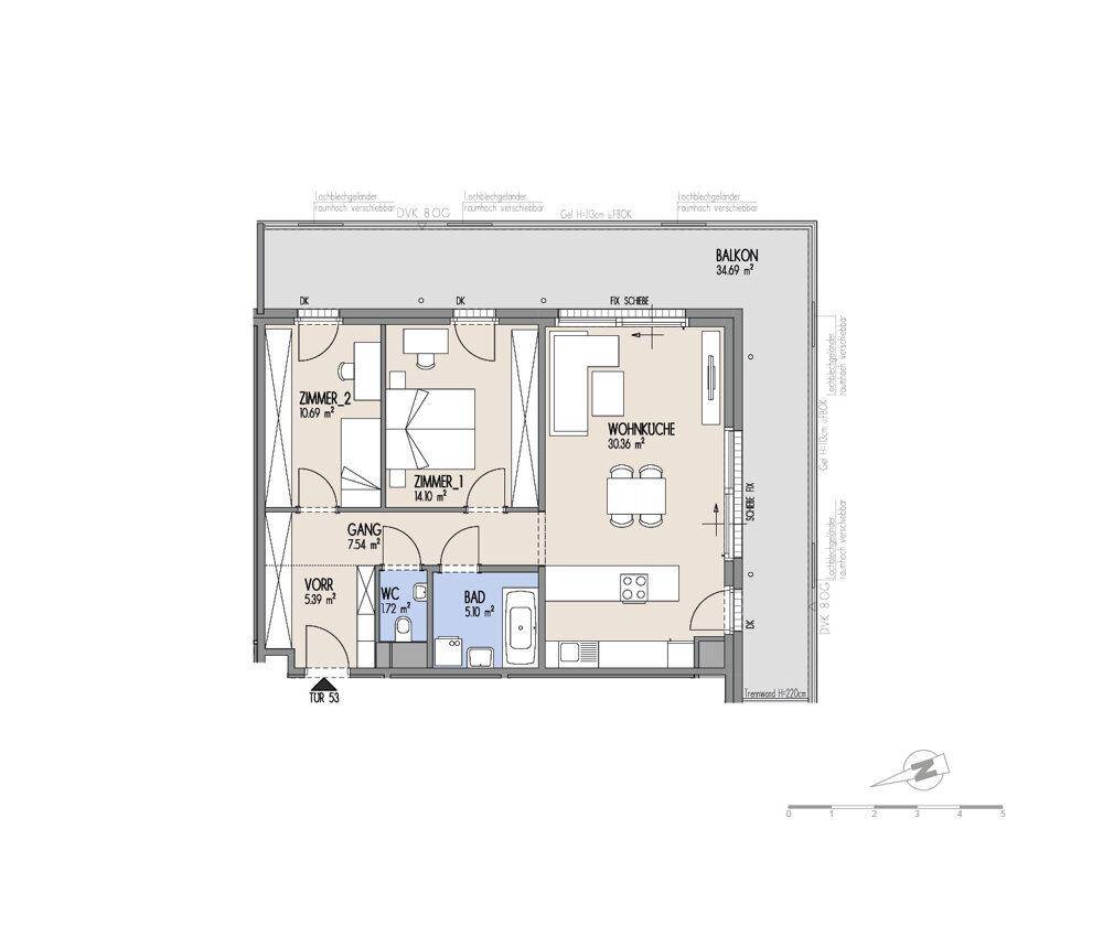 Grundriss einer Wohnung mit offener Wohnküche, zwei Schlafzimmern und großem Balkon.