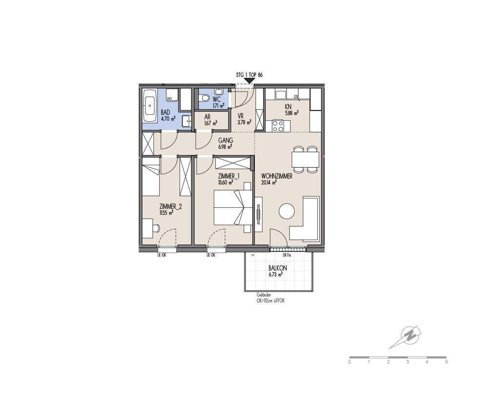 Detaillierter Grundriss einer Wohnung mit zwei Zimmern, Bad, WC und Balkon.