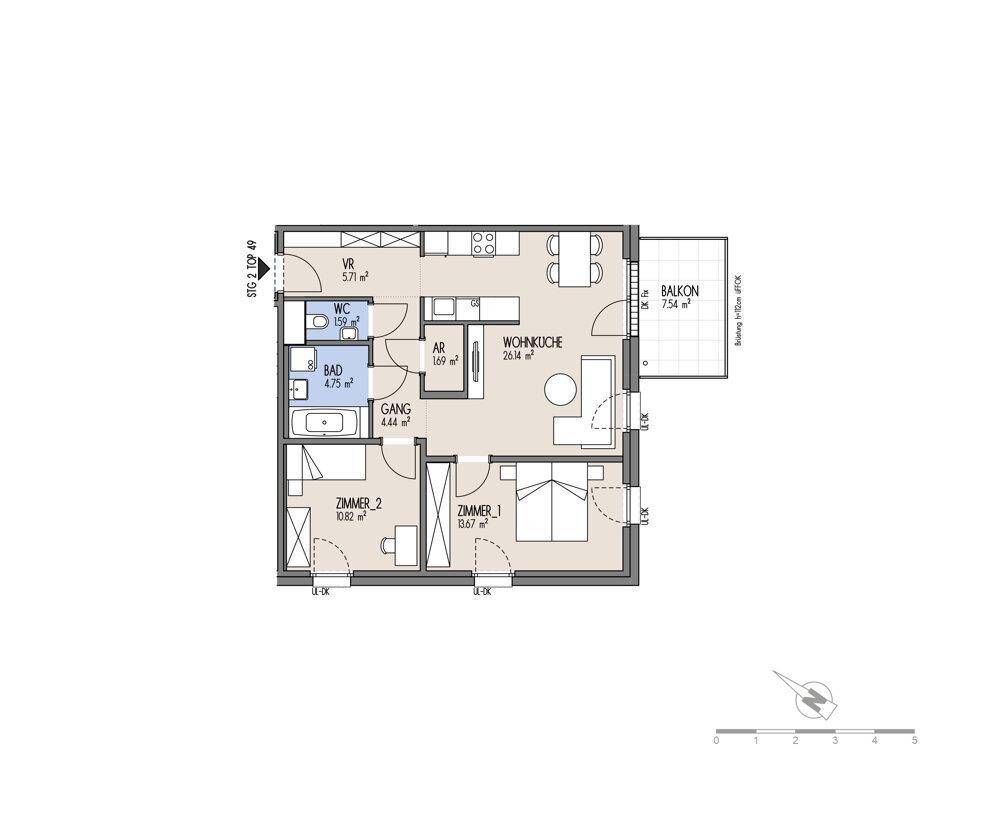 Grundriss einer Wohnung mit zwei Zimmern, Wohnküche, Bad und Balkon.