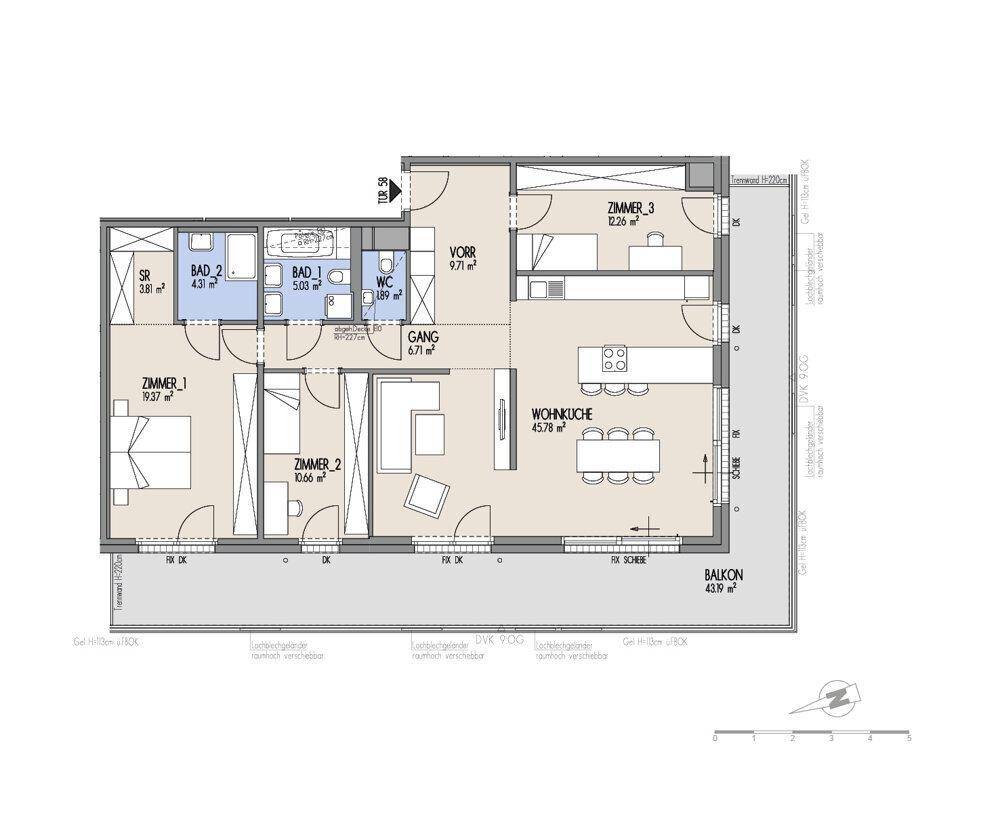 Grundriss einer Wohnung mit offenem Wohn- und Küchenbereich, drei Zimmern und zwei Bädern.
