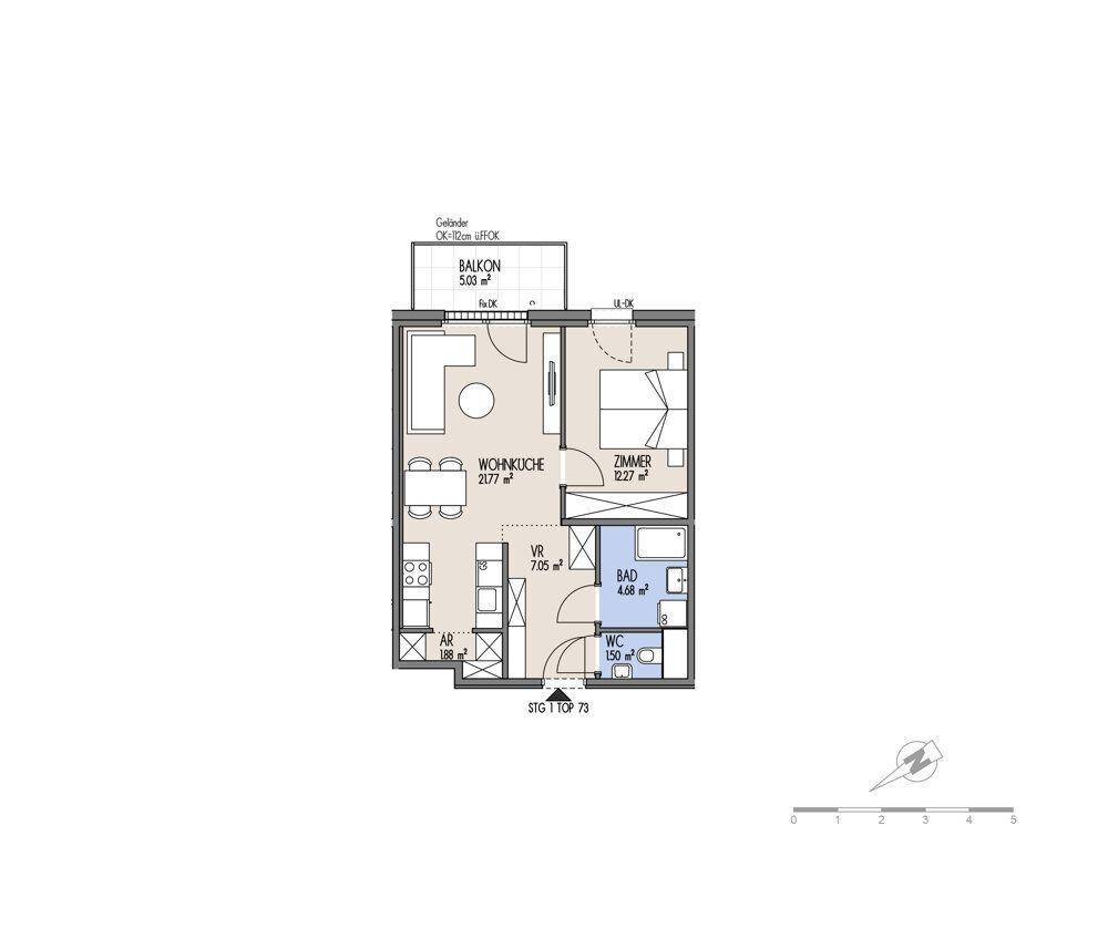 Grundriss einer Wohnung mit Wohnküche, Schlafzimmer, Bad, WC und Balkon.