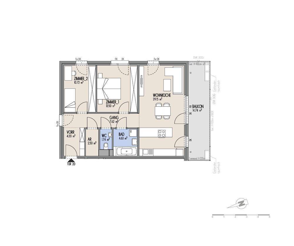 Grundriss einer Wohnung mit offener Wohnküche, zwei Zimmern, Bad, separatem WC und Balkon.