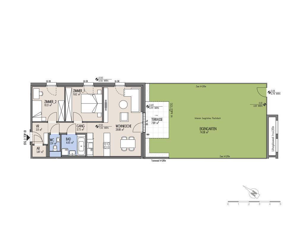 Detaillierter Grundriss einer Wohnung mit zwei Zimmern, Bad, WC, Terrasse und Eigengarten.