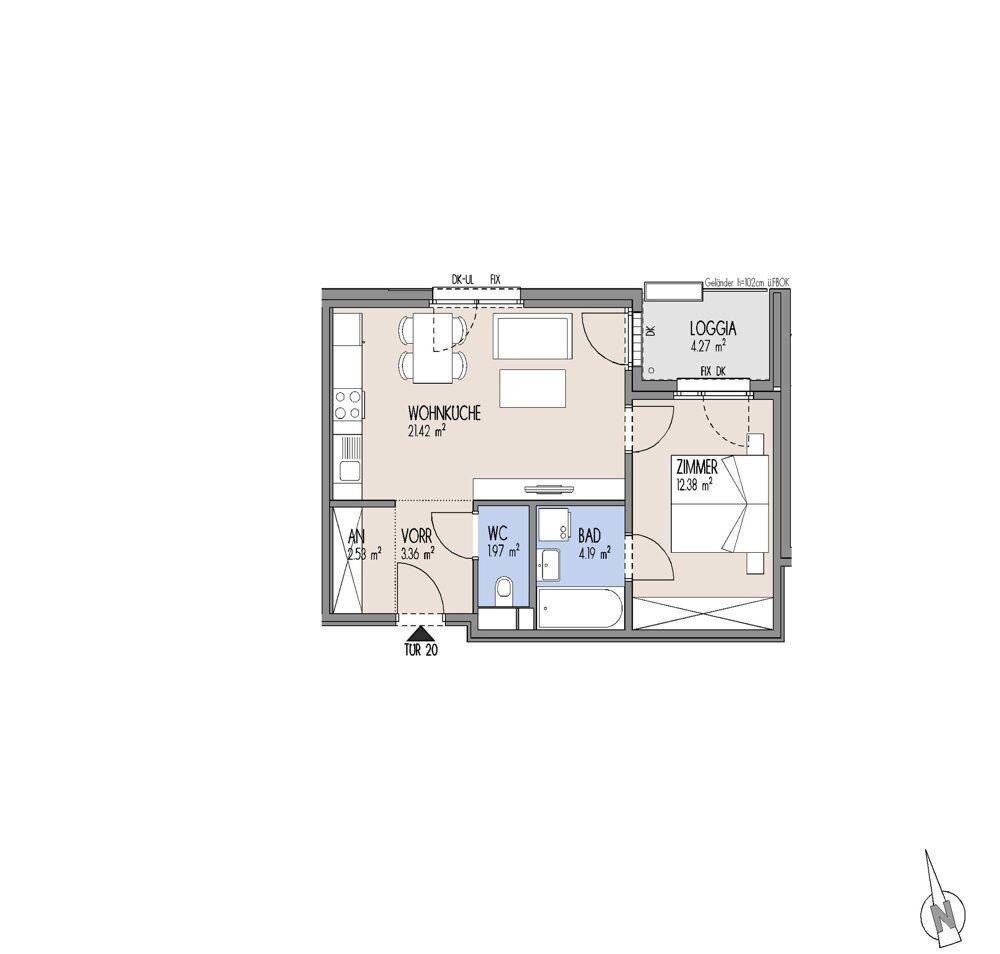 Grundriss einer Wohnung mit offener Wohnküche, Schlafzimmer, Bad und Loggia.