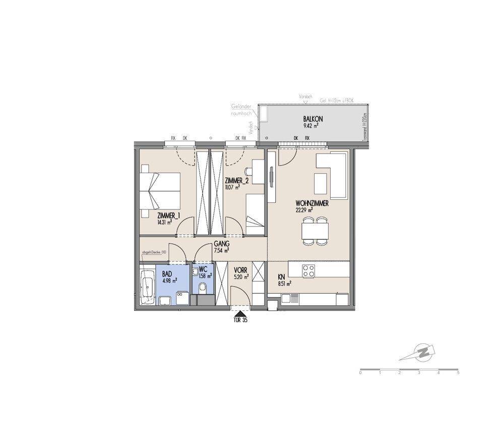 Grundriss einer Wohnung mit zwei Schlafzimmern, Wohnzimmer, Bad und Balkon.