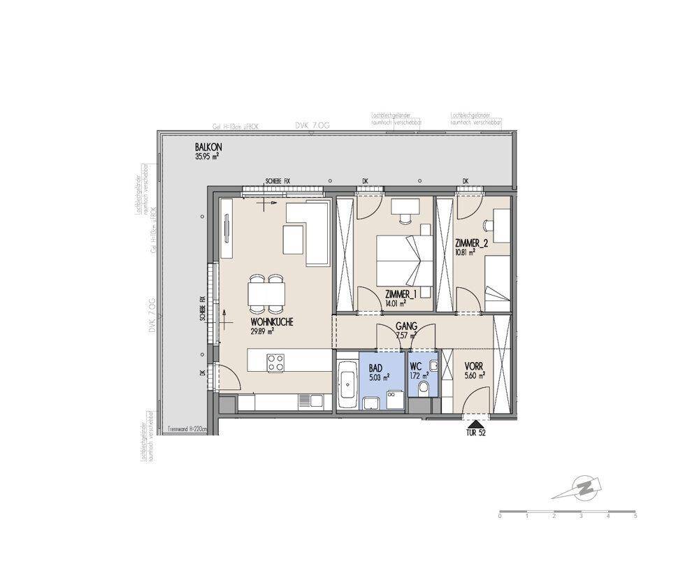 Grundriss einer Wohnung mit Wohnküche, zwei Zimmern, Bad, separatem WC und Balkon.