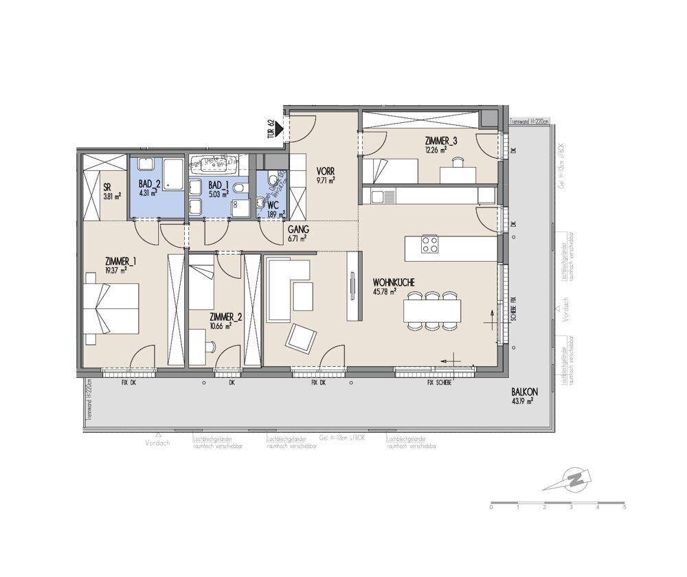 Detaillierter Grundriss einer Wohnung mit drei Zimmern, zwei Bädern und großem Balkon.