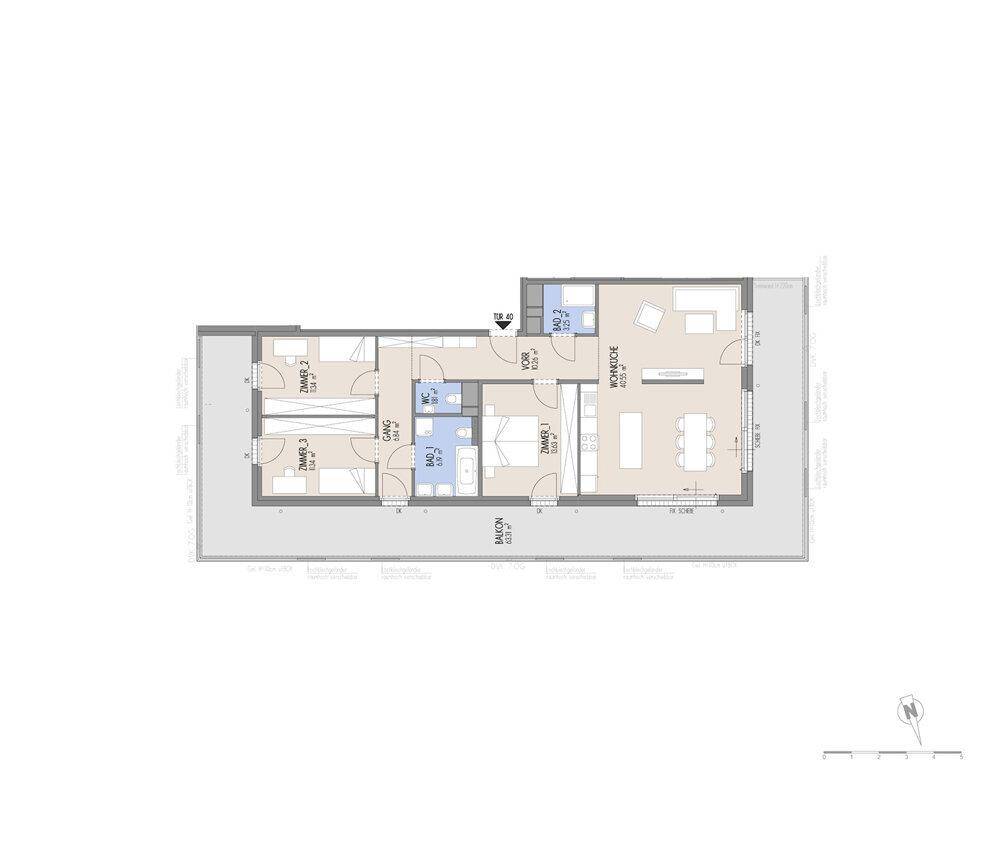 Grundriss einer Wohnung mit offenem Wohnbereich, drei Zimmern, zwei Bädern und Balkon.