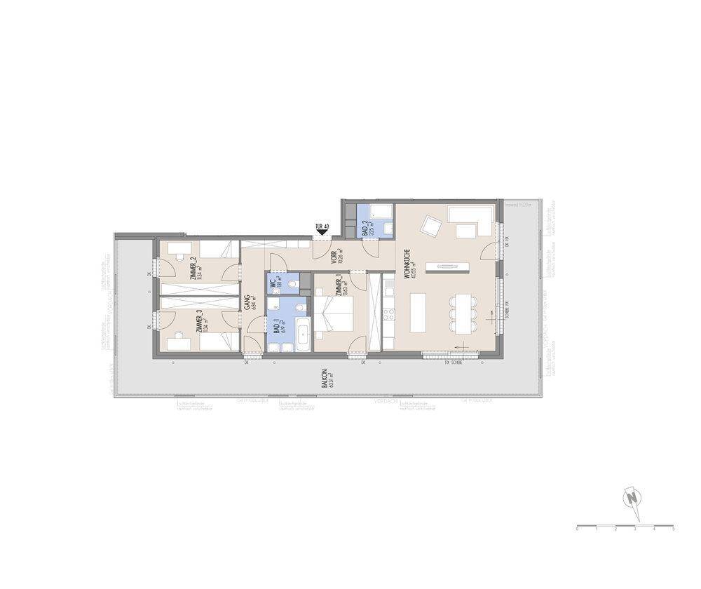 Grundriss einer Wohnung mit drei Schlafzimmern, zwei Bädern und offenem Wohnbereich mit Balkon.