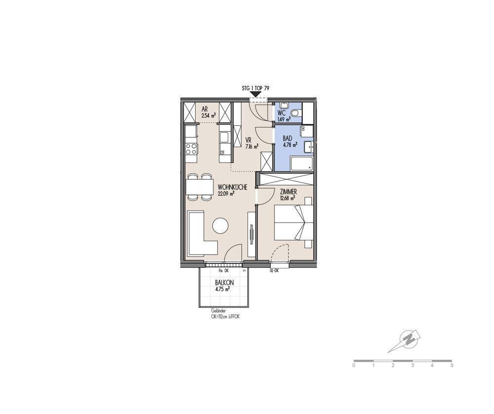 Grundriss einer Wohnung mit Wohnküche, einem Zimmer, Bad, separatem WC und Balkon.