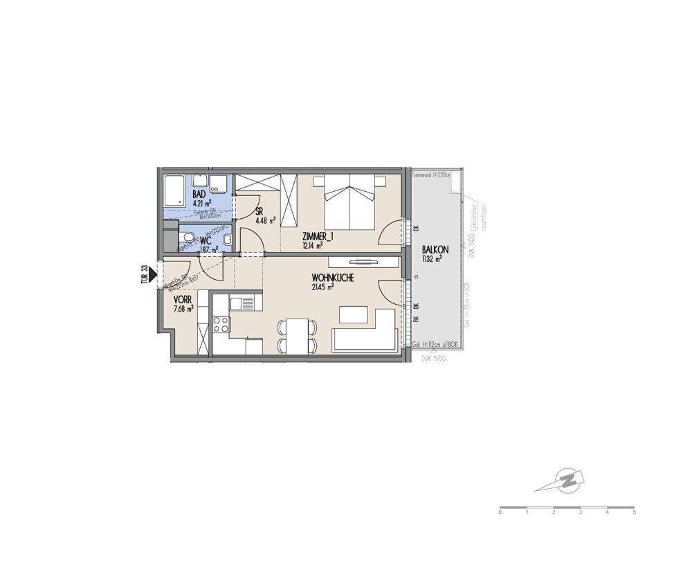 Grundriss einer Wohnung mit offener Wohnküche, Schlafzimmer, Bad, separatem WC und Balkon.